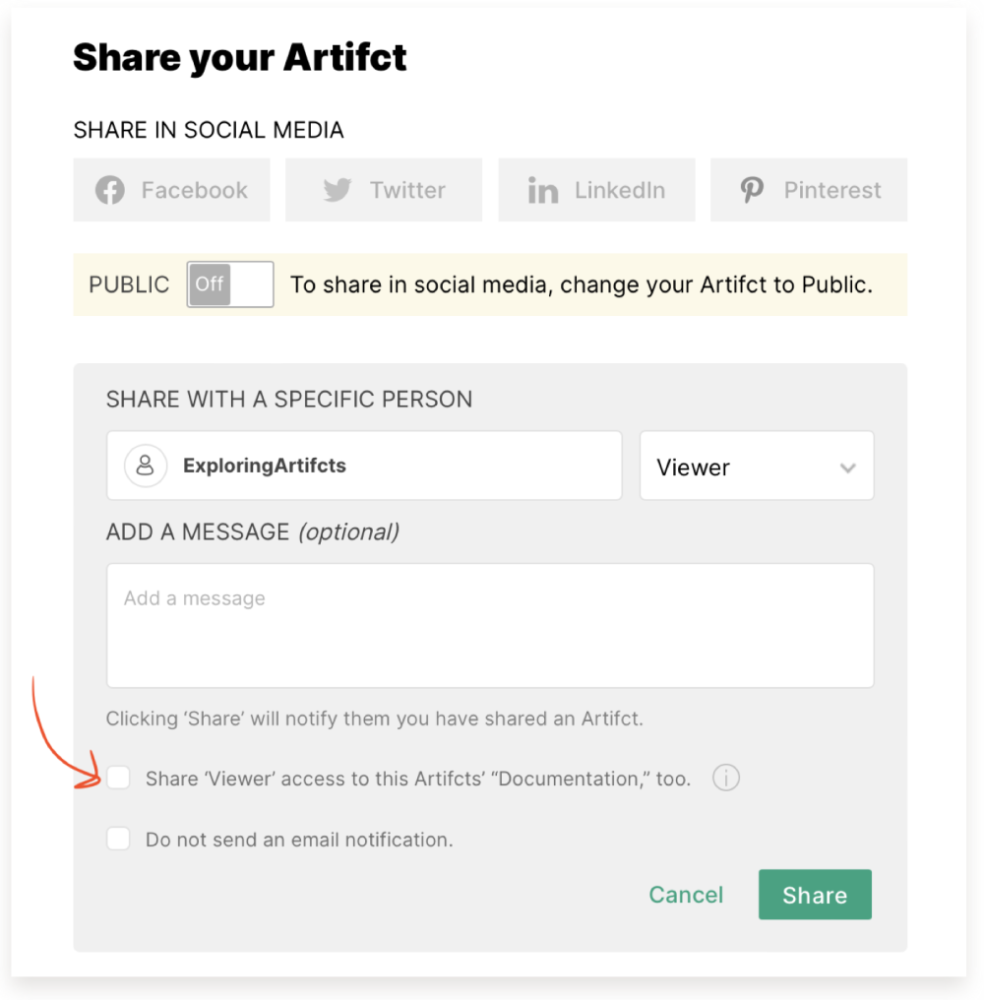 Sharing pop up on Artifcts with new option to share documentation