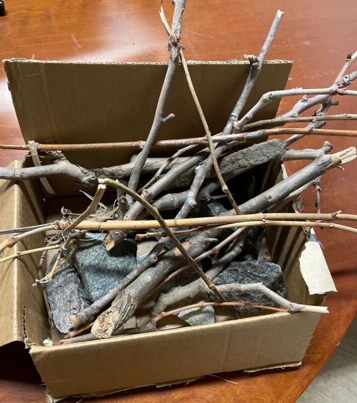 Picture of a cardboard box full of sticks, rocks, and railroad ties